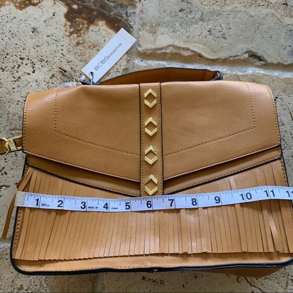 NEW BCBGeneration Dylan messenger bag mustard yellow medium tan fringe detail - Picture 10 of 12